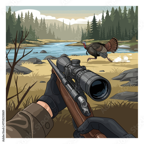Hunting scene with scoped rifle aimed at a running turkey near a river