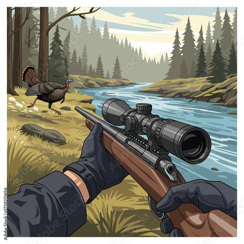 Hunting scene with scoped rifle aimed at a running turkey near a river