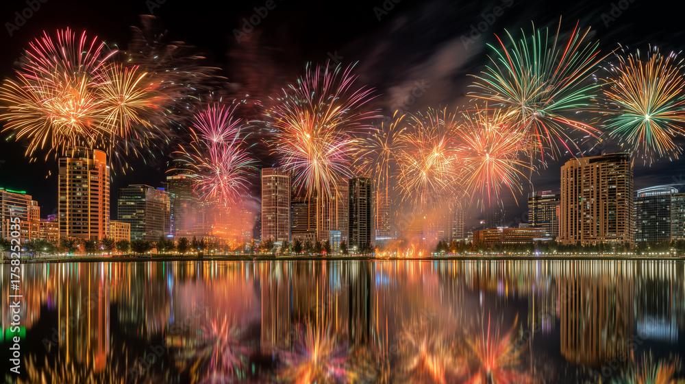 Fototapeta premium City celebration event with dazzling fireworks at night