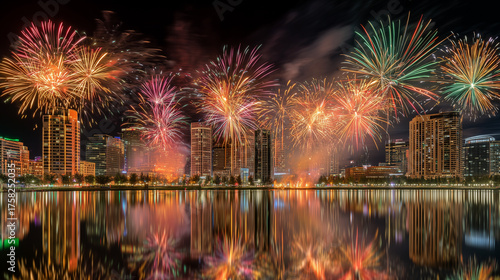 City celebration event with dazzling fireworks at night