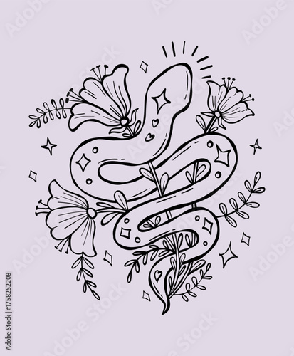 Outline Mystical snake with Flowers Plants. Textured Hand Drawn Doodle. Sketch kundalini for design, symbolizing magic and transformation. Vector Illustration. Not AI