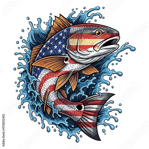 Jumping red drum fish with American flag pattern splashing water illustration