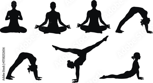 Yoga poses silhouette vector illustration showing meditation, balance, flexibility, strength, fitness, mindfulness, wellness, exercise, relaxation, healthy lifestyle practice