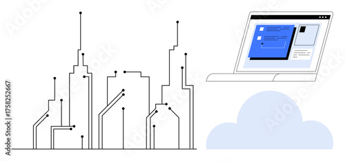 Skyline with circuit lines representing connectivity next to laptop with UI, positioned above a cloud. Ideal for smart city, innovation, technology, connectivity, cloud computing, data sharing