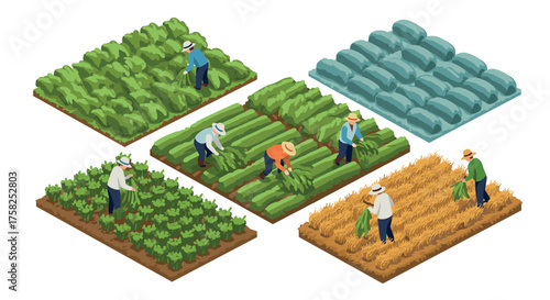 Isometric farming scenes with workers harvesting crops and hay bales in fields
