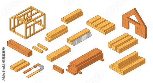 Isometric wooden construction elements for building and carpentry projects