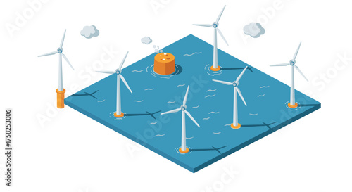 Isometric offshore wind turbines on blue platform with abstract water and clouds