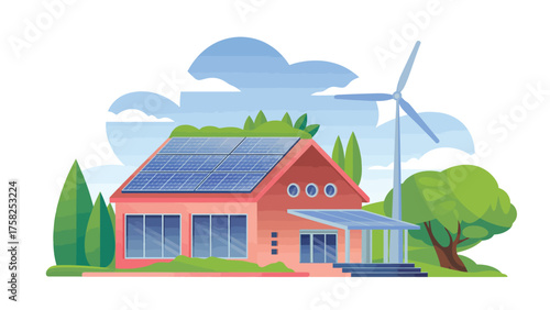 Sustainable home powered by solar panels and wind turbine for eco-friendly lifestyle