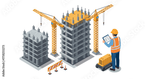 Construction site progress with engineer and cranes in isometric style