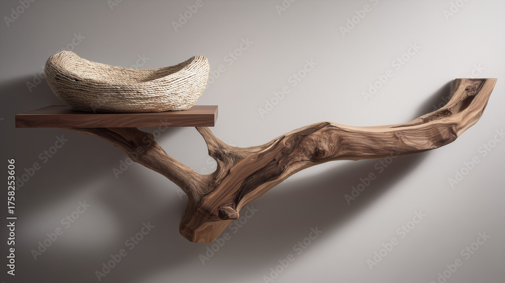 Fototapeta premium Luxury wall mounted cat platform with thick walnut tree branch and woven nest in modern minimalist style