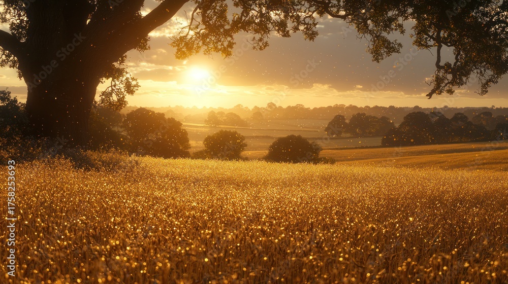 Fototapeta premium Golden sunset over a sunlit field