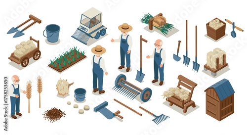 Farming tools and activities in isometric style with farmers and harvesting e…