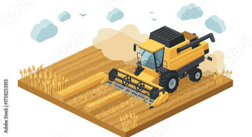 Modern isometric combine harvester in wheat field with cloudy sky background
