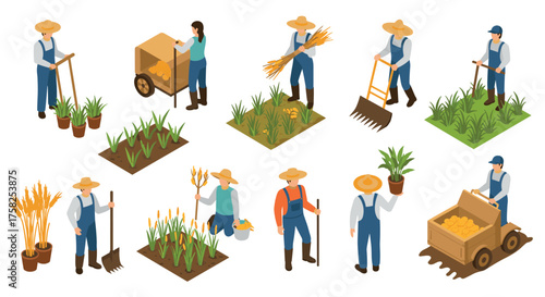 Isometric farmers engaging in various agricultural activities with equipment