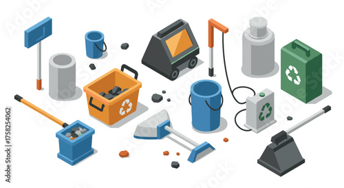 Isometric waste management tools and recycling bins on white background