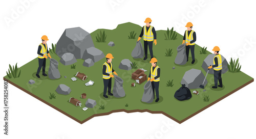 Workers in isometric park environment cleaning litter in safety gear