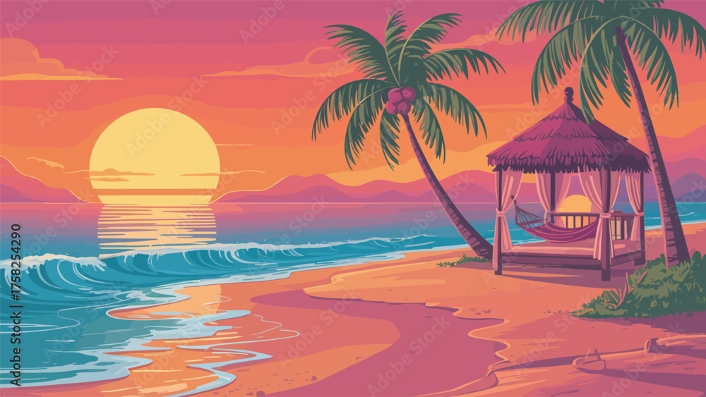 Obraz premium Dreamy tropical beach sunset with swaying palms and tranquil ocean views for vacation vibes