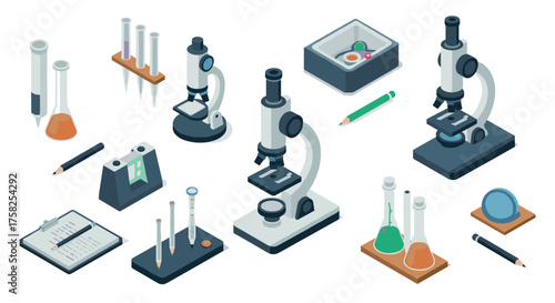Isometric science laboratory equipment set including microscopes and test tubes