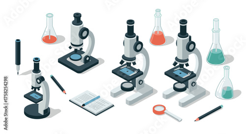 Isometric microscope lab scene with scientific equipment and open book