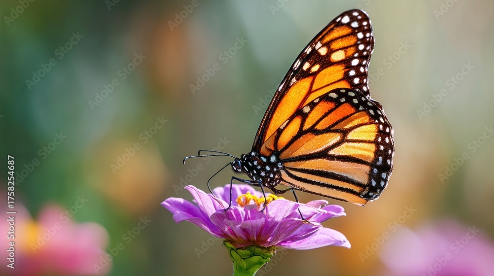 Fototapeta premium Orange butterfly rests on a pink flower with a blurred background.