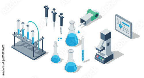 Isometric laboratory equipment with test tubes, beakers, and microscope for s…