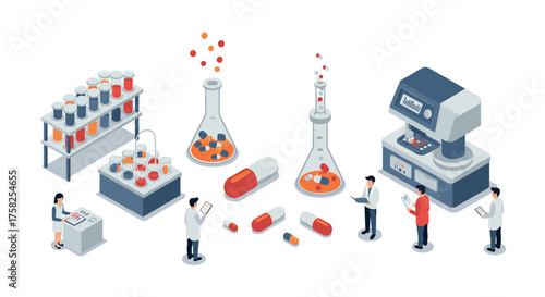 Isometric laboratory scene with scientists and pharmaceutical equipment