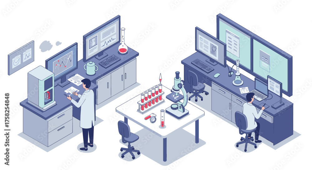 Obraz premium Isometric laboratory with scientists working on computers and analyzing data…