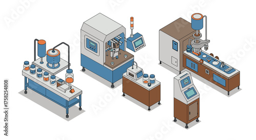 Isometric industrial machines set for food processing and manufacturing systems