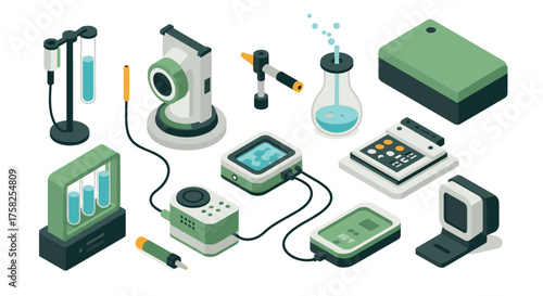 Isometric scientific equipment set with electronics and laboratory tools