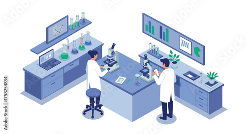 Scientists conducting experiments in modern laboratory isometric design