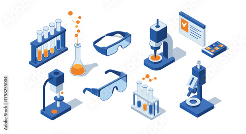 Isometric scientific laboratory equipment with test tubes and microscopes