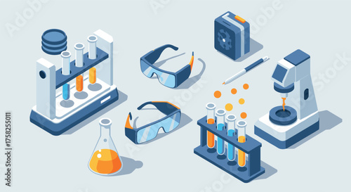 Isometric laboratory equipment: test tube racks, microscope, safety glasses,…