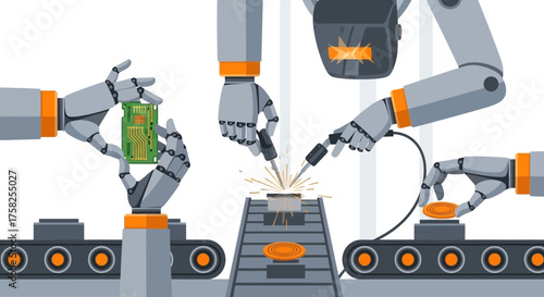 Industrial Automation Robotic Arms Engaged in Precision Manufacturing on an Assembly Line, Showcasing Modern Technology and Efficient Production Processes