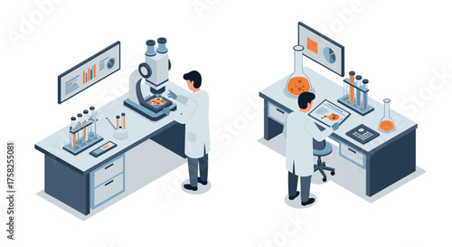 Isometric laboratory scene with scientists using microscopes and analyzing da…