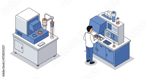 Isometric laboratory equipment and scientist working on analytical instruments