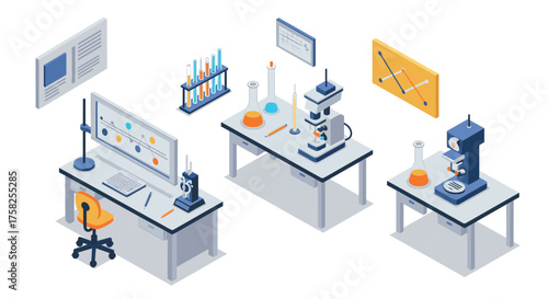 Modern isometric science lab with equipment and instruments for experiments a…