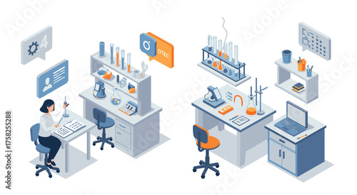 Isometric laboratory workspace with scientists and equipment in a modern rese…