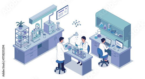 Modern laboratory with scientists conducting experiments in isometric design