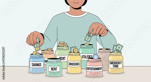 A concept of personal finance and budgeting, illustrating a person allocating cash into labeled jars for savings and expenses