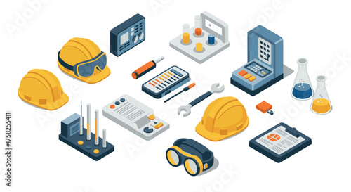 Isometric laboratory and construction tools with helmets and safety gear