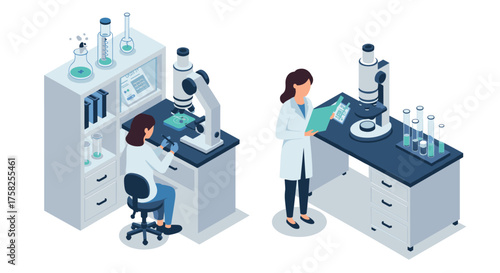 Modern laboratory scene with scientists using microscopes and analyzing sampl…