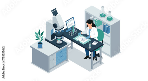Isometric laboratory scene with scientist conducting research