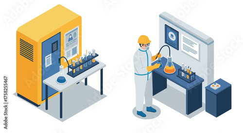 Isometric laboratory scene with scientist conducting experiment