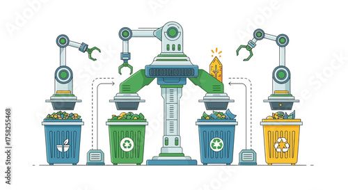 Recycling Process Illustrated Robotic Arms Sorting Waste into Bins for Environmental Sustainability