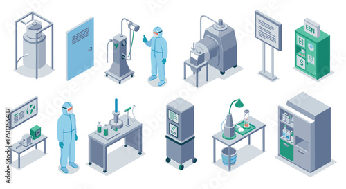 Isometric laboratory setup featuring scientists and equipment in a clean envi…