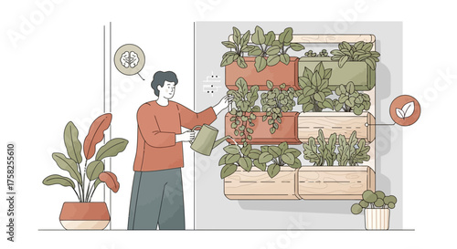 Man watering vertical garden, plants and greenery in modern indoor home concept