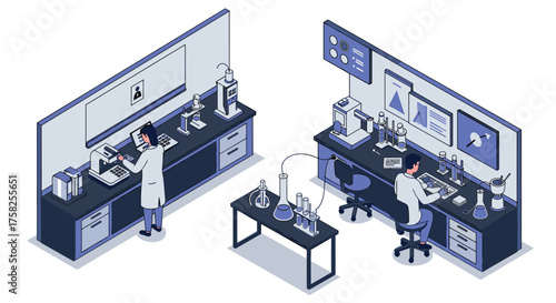 Isometric science lab with scientists working on chemical research and experi…