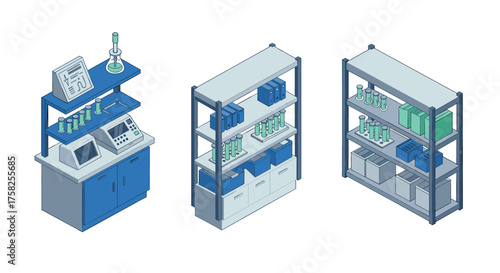 Isometric laboratory equipment with shelves and scientific tools in blue tones