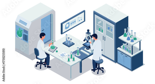 Modern laboratory isometric design with scientists conducting experiments
