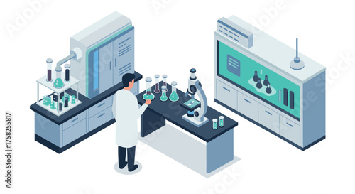 Isometric laboratory scene with scientist and advanced equipment for research…